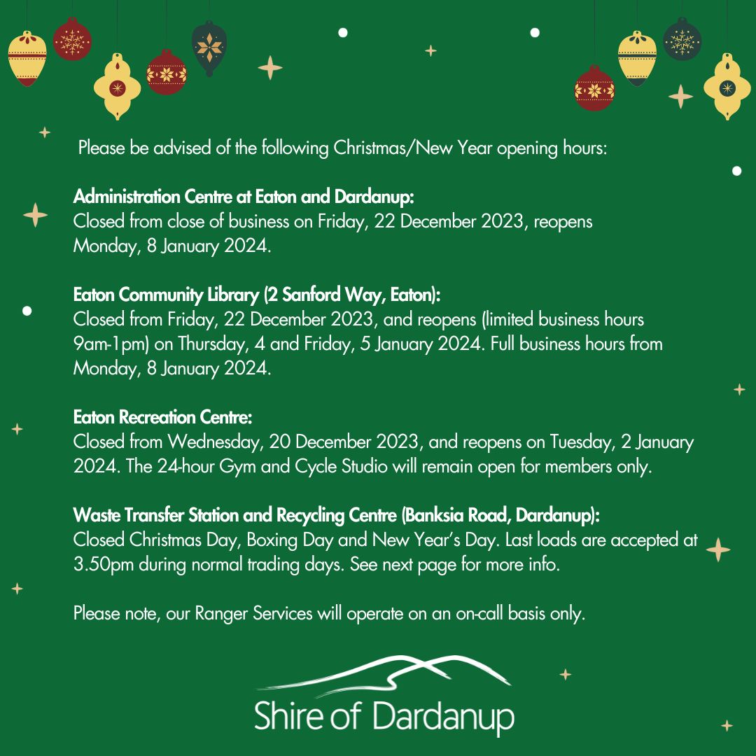 News Story Christmas and New Year's hours and information » Shire of