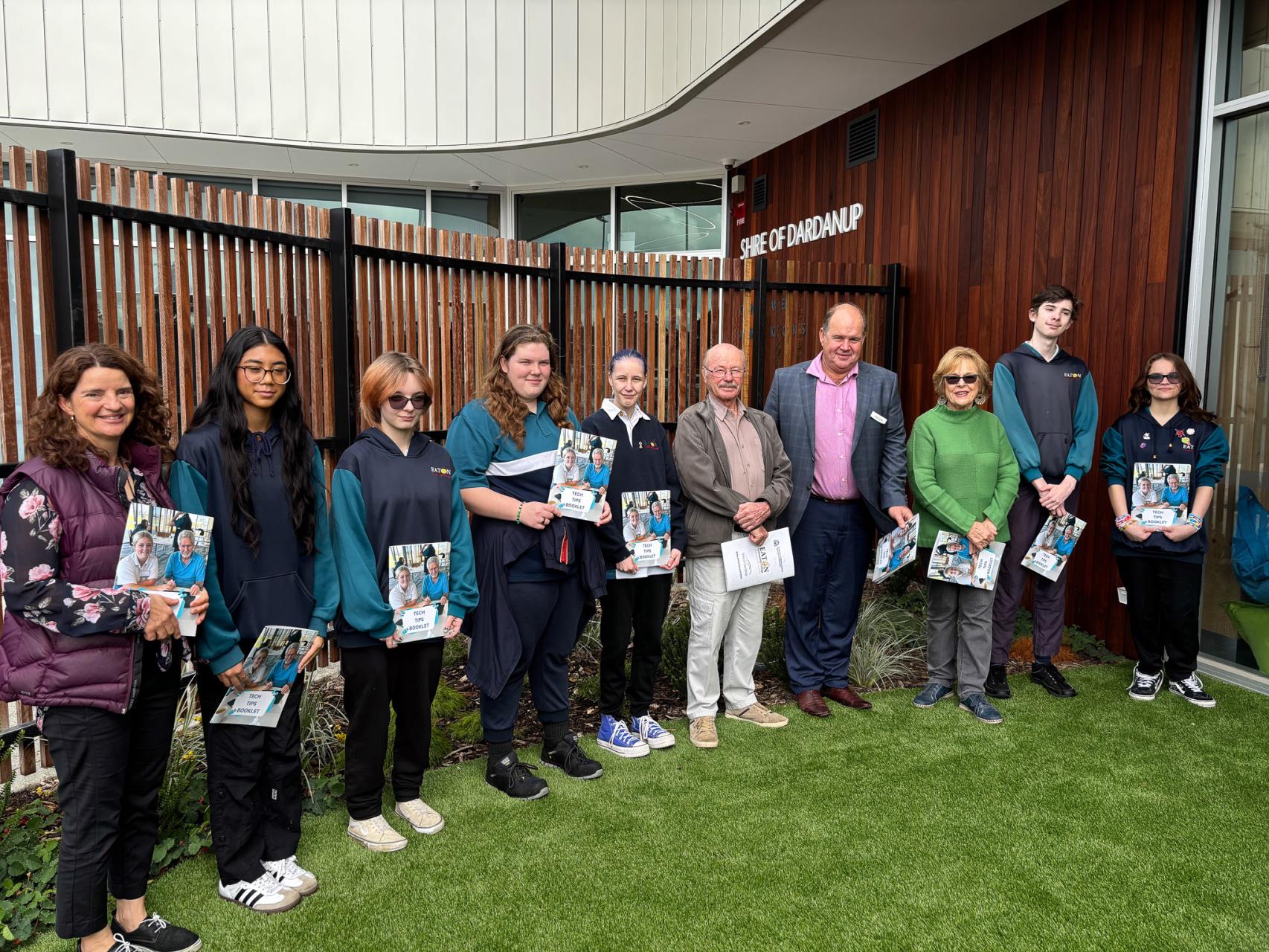 Caption: Shire President, Tyrell Gardiner (middle) pictured with attendees of the Digital Connection Program and tech mentors from ECC alongside ECC teacher, Sue Mazzucchelli (left). 