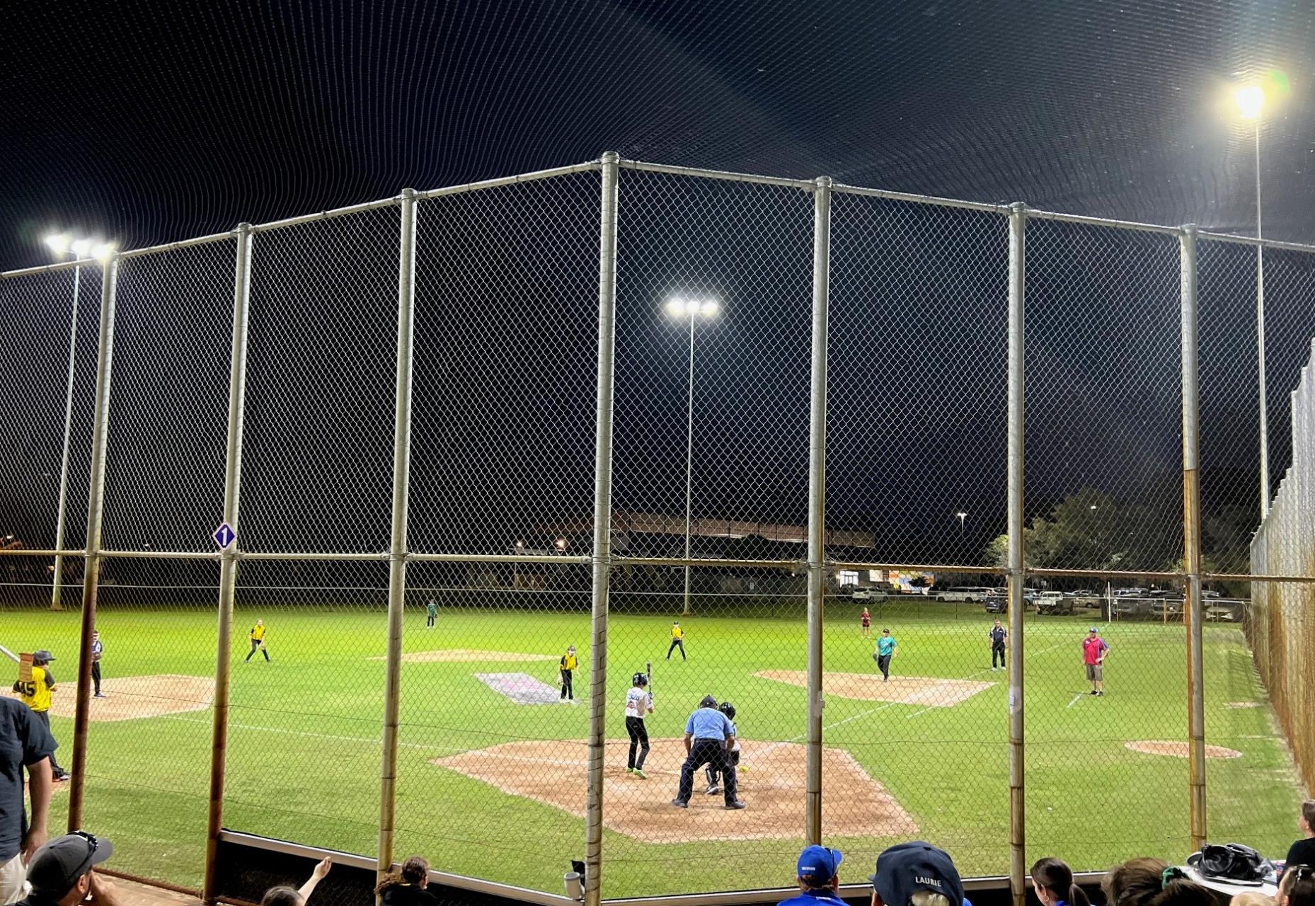 The new night lights at the Bunbury and Districts Softball Association Pavilion and Grounds in Eaton, were officially opened by former Shire President Mick Bennett last month.