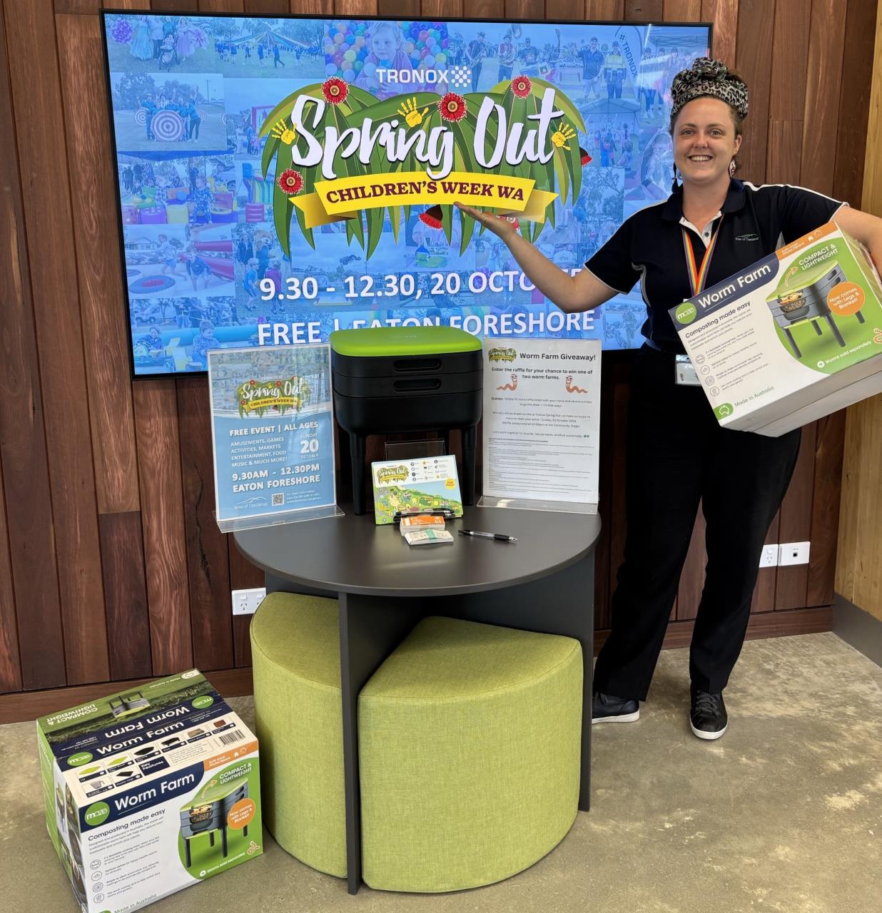 The Shire is giving Tronox Spring Out Festival goers the chance to win one of two worm farms – all you have to do is enter the competition. Pictured is Eaton Community Library Officer Kate Maloney with the worm farm competition display.