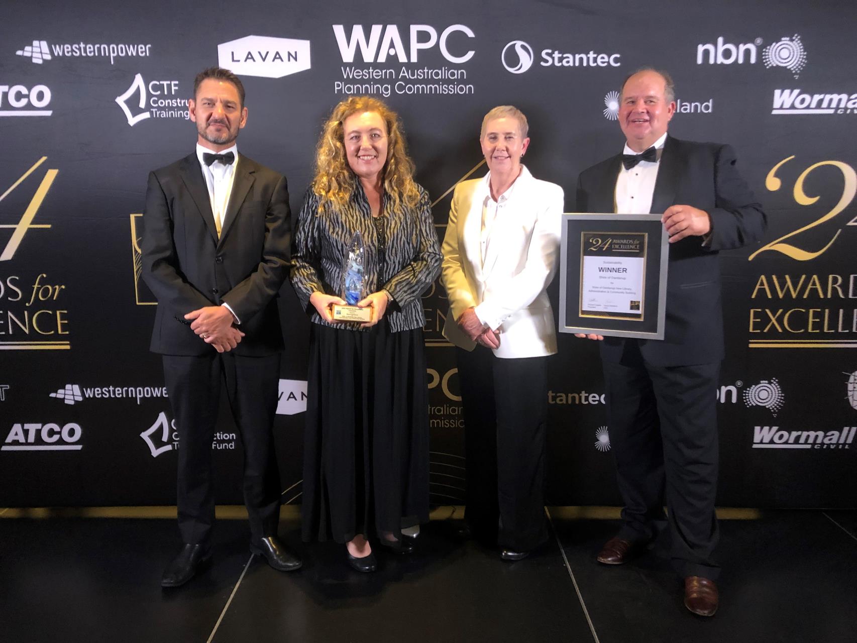 Shire of Dardanup staff receiving the sustainability award at the prestigious 2024 Urban Development Institute of Australia WA (UDIA) Awards for Excellence on Friday night are (from left) CEO André Schönfeldt, Project Manager Belinda Vanvuuren, Project Director Susan Oosthuizen and President Cr Tyrrell Gardiner.